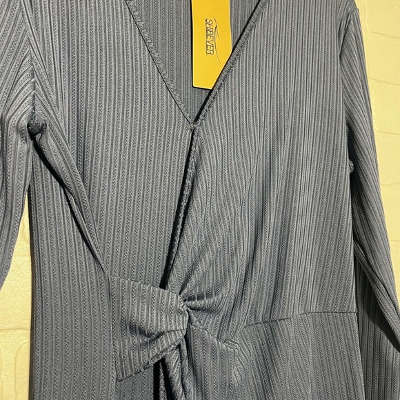 Shibever Womens Midi Dress Blue Ribbed Knit Twist Front Bodycon Draped Large NWT - Picture 7 of 9